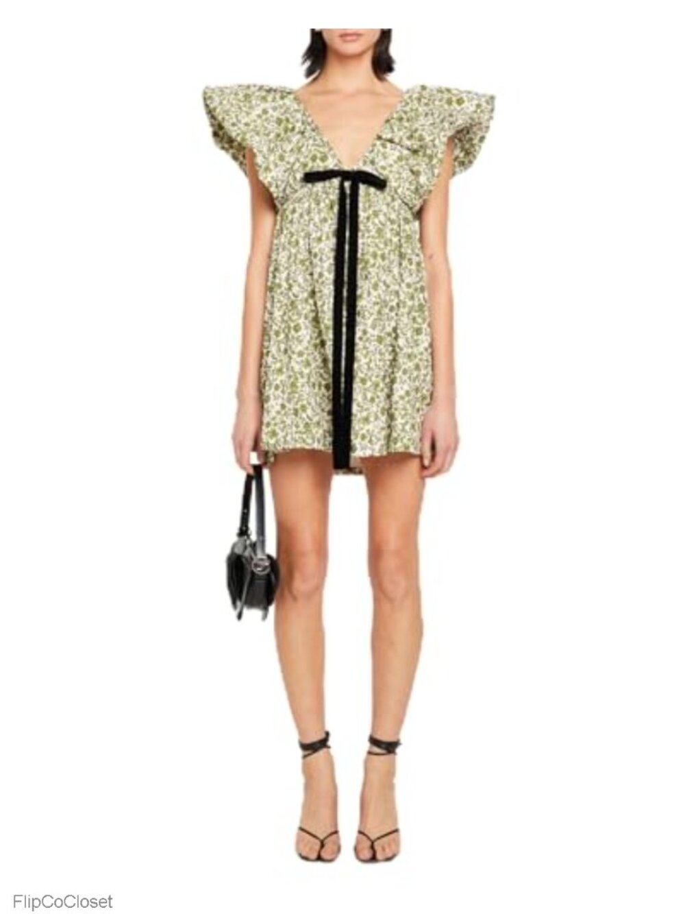 Floral Bow V Neck Babydoll Mini Dress Puffy Sleeve